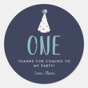 Blue Watercolor Party Hat 1. Geburtstag Party Runder Aufkleber