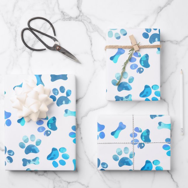 Blue Watercolor Paw Prints Birthday Wrapping Paper Geschenkpapier Set (Vorderseite)