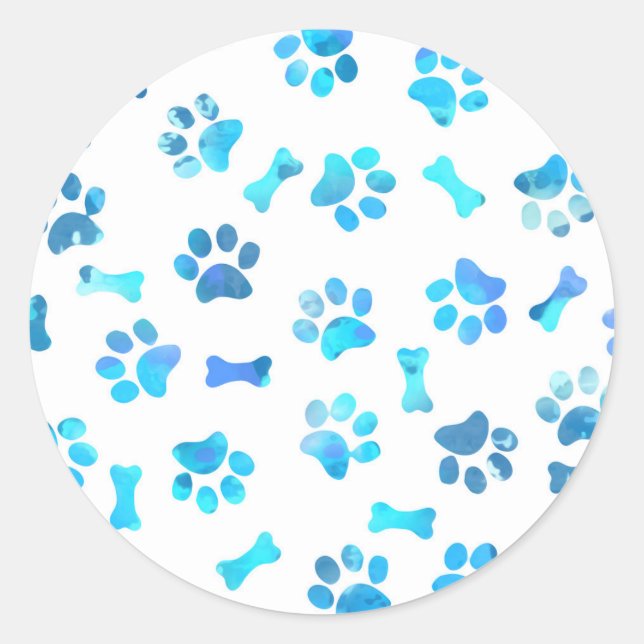 Blue Watercolor Paw Prints Classic Round Sticker (Vorderseite)