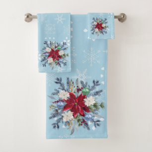 Blue Watercolor Poinsettia Pine Bouquet Badhandtuch Set