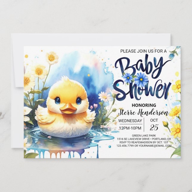 Blue Watercolor Quack Baby Dusche Einladung (Vorderseite)