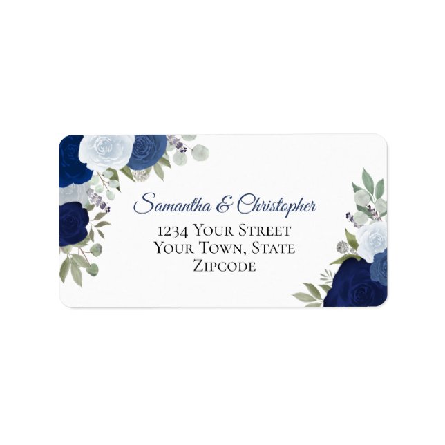 Blue Watercolor Rose Elegante Hochzeitadresse Adressaufkleber (Vorne)