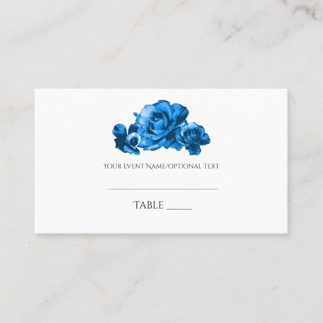 Blue Watercolor Rose Hochzeitssaal Platzkarte (Vorderseite)