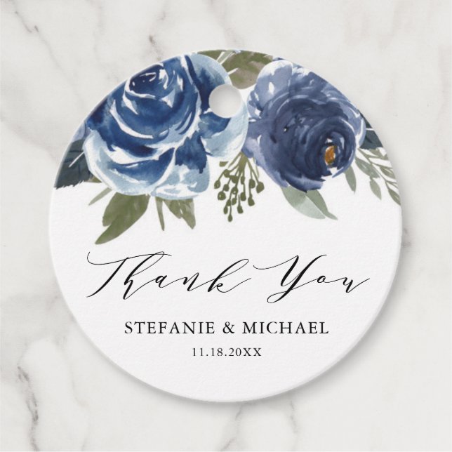 Blue Watercolor Rose Peonies Vielen Dank für Ihre  Geschenkanhänger (Vorderseite)