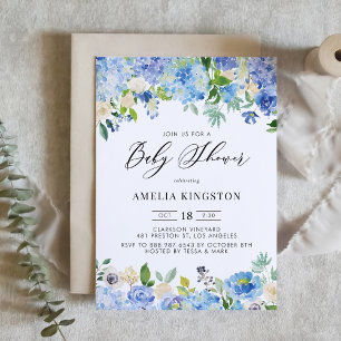 Blue Watercolor Rose und Hydrangea Babydusche Einladung