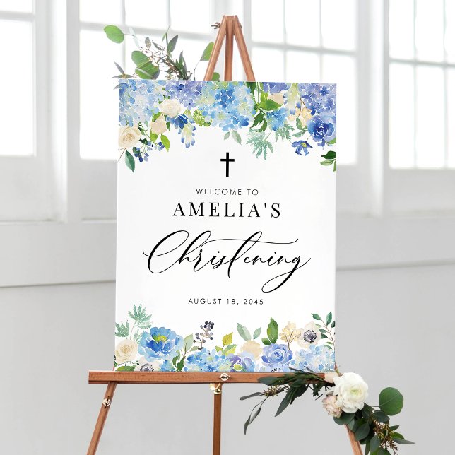 Blue Watercolor Rose und Hydrangea Christening Poster (Von Creator hochgeladen)
