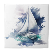 Blue Watercolor Sailboat Keramik Tile