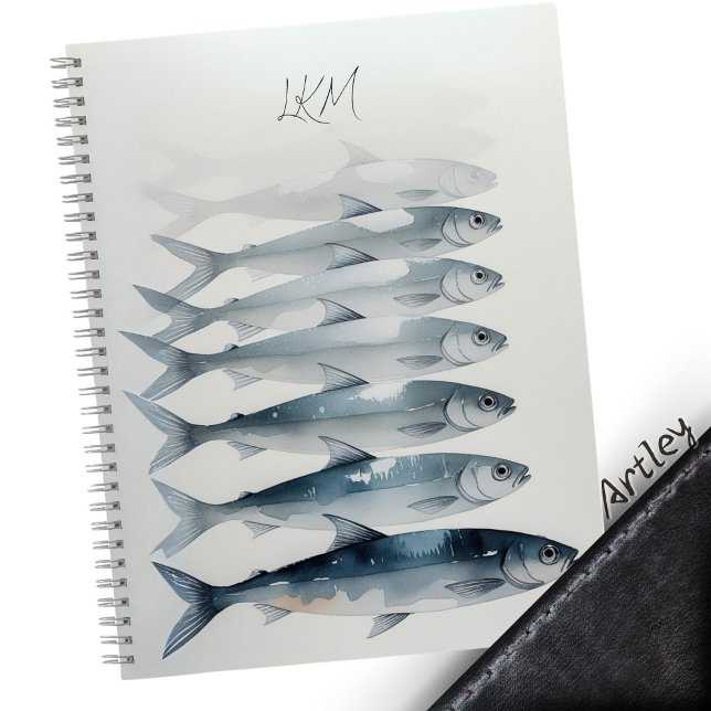 Blue Watercolor Sardine Art Custom Monogram Name Notizbuch (Von Creator hochgeladen)