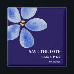 Blue Watercolor Save the Date Hochzeit Magnet<br><div class="desc">Einfache und elegante Wasserfarbe Save the Date Hochzeitsmagnet. Die blaue Blume ist perfekt für eine Hochzeit mit blauen Motiven geeignet. Illustriert und entworfen von Patricia Alvarez.</div>