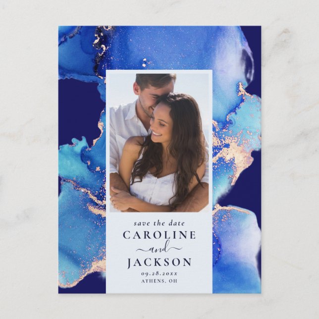 Blue Watercolor Save the Date Postcard Postkarte (Vorderseite)