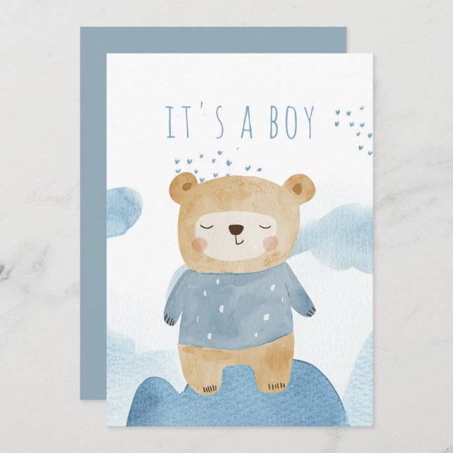 Blue Watercolor Schlampe Teddy Bär Baby Dusche Einladung (Vorne/Hinten)