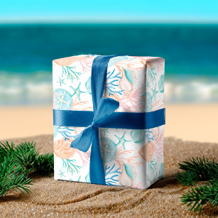 Blue Watercolor Seashell & Sripe Muster Geschenkpapier Set