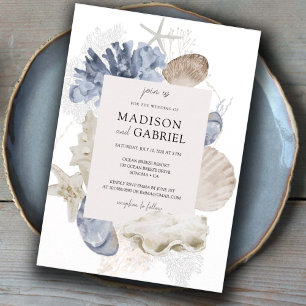 Blue Watercolor Seashells Coral Starfish Hochzeit Einladung