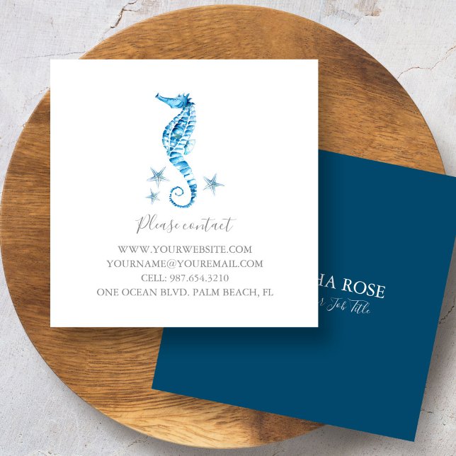 Blue Watercolor Seepferd Starfish Custom Quadratische Visitenkarte (business card seahorse and starfish)