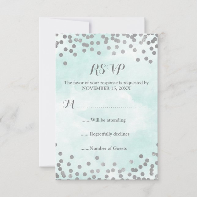 Blue Watercolor Silver Confetti Wedding RSVP (Vorderseite)