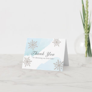 Blue Watercolor Silver Snowflakes Baby Dusche Dankeskarte