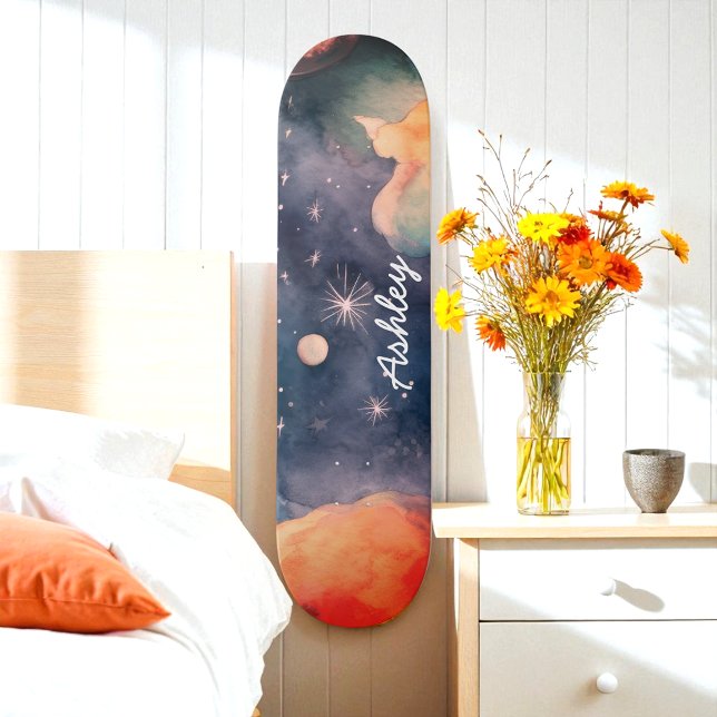 Blue Watercolor Sky Galaxy Celestial Skateboard (Von Creator hochgeladen)
