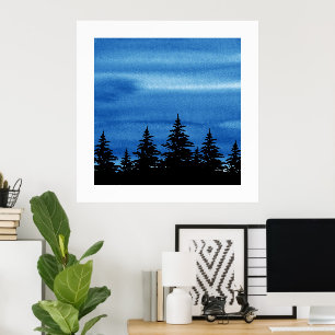 Blue Watercolor Sky & Trees Silhouette  Poster