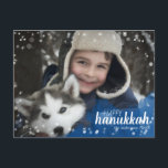 Blue Watercolor Snowfall Hanukkah Holiday Photo Feiertagspostkarte<br><div class="desc">Cute and fun, this holiday postcard is the perfect way to send season's greetings to friends and family. Features blue watercolor cloud with white snow and bokeh. Change the photo template to your own. The front and back have text that can be changed to fit your family name and return...</div>