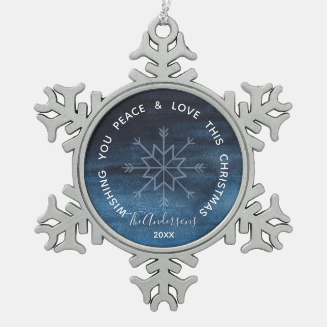 Blue Watercolor Snowflake Peace & Liebe Schneeflocken Zinn-Ornament (Vorderseite)