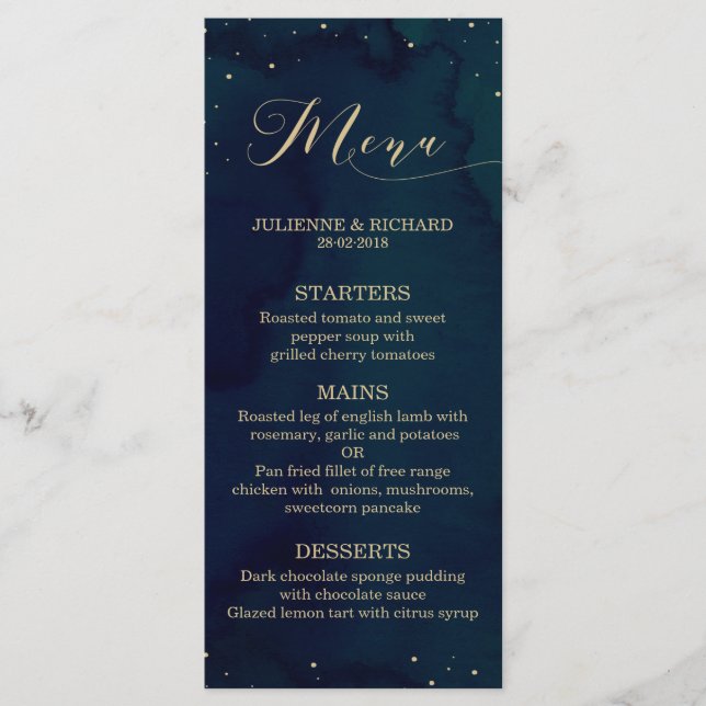 Blue Watercolor Snowy Night Winter Wedding Menu Menükarte (Vorderseite)