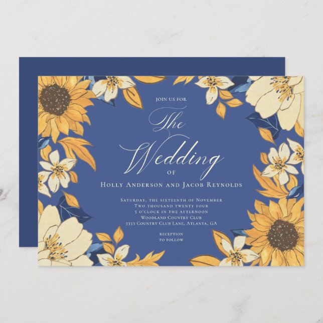 Blue Watercolor Sonnenblumen Script Hochzeit Einladung (Vorne/Hinten)