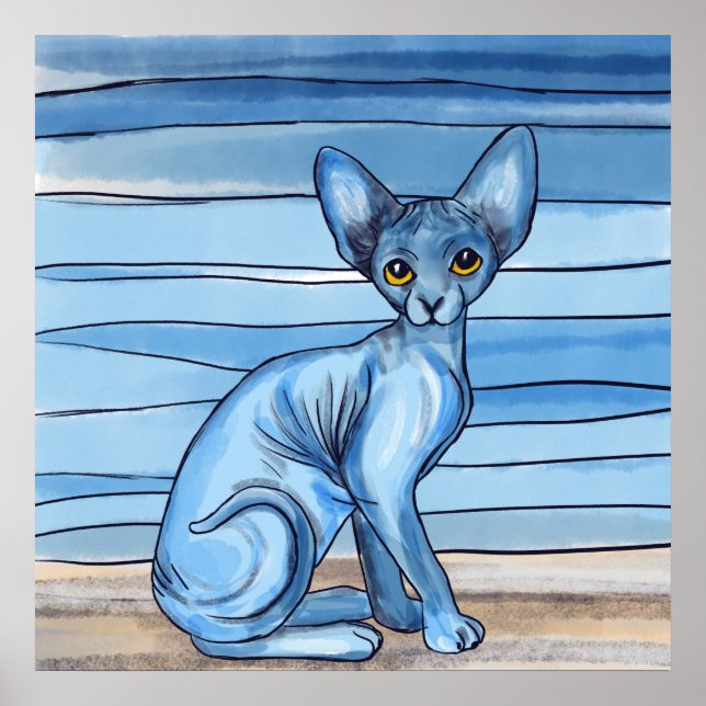 Blue Watercolor Sphynx Cat Poster (Vorne)