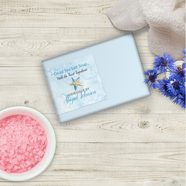 Blue Watercolor & Starfish Beach Soap Label Rechteckiger Aufkleber (Von Creator hochgeladen)