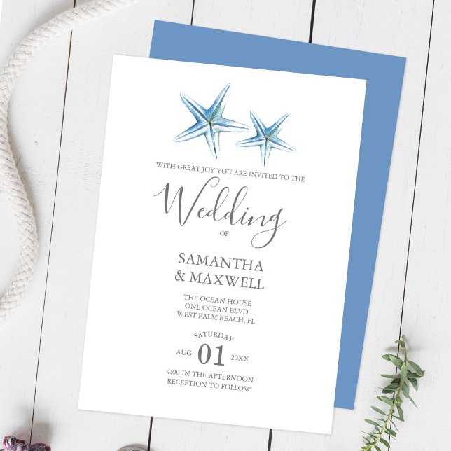 Blue Watercolor Starfish vom Strand Wedding Einladung (Von Creator hochgeladen)