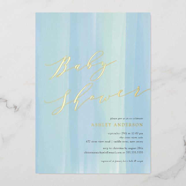 Blue Watercolor Stripe Babyduschfolie Einladung (Vorderseite)