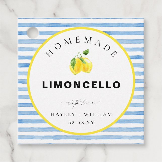 Blue Watercolor Stripe Limoncello Geschenkanhänger (Vorderseite)