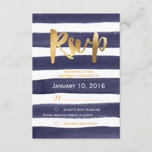 Blue Watercolor Stripes Gold Wedding RSVP Karte