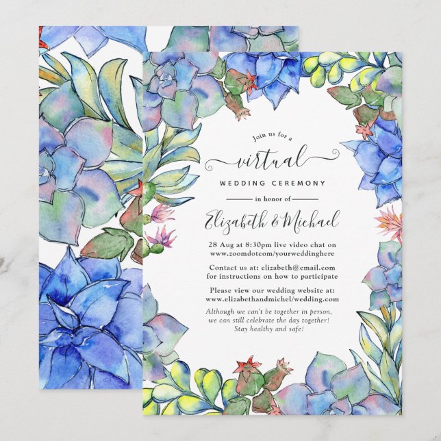 Blue Watercolor Succulents Online Virtual Wedding Einladung (Vorne/Hinten)