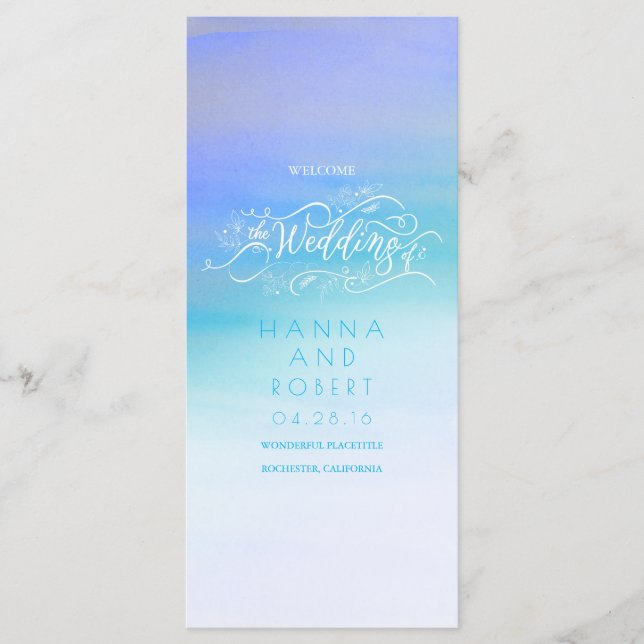 Blue Watercolor Swash Moderne Hochzeitsprogramme Programm (Vorderseite)