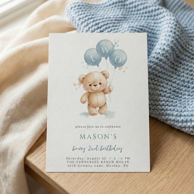 Blue Watercolor Teddy Bear 2nd Birthday Invitation Einladung (Von Creator hochgeladen)