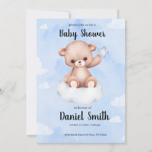 Blue Watercolor Teddy Bear for Baby Show Einladung