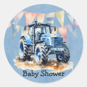 Blue Watercolor Traktor Boy Baby Dusche Runder Aufkleber