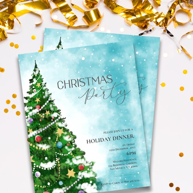 Blue Watercolor Tree Weihnachten Party Einladung (Blue Watercolor Tree Christmas Party Invitation)