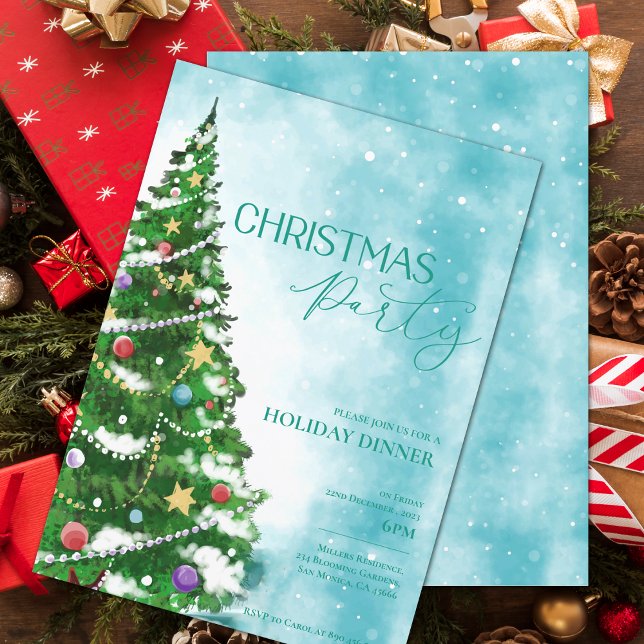 Blue Watercolor Tree Weihnachten Party Einladung (Blue Watercolor Tree Christmas Party Invitation)