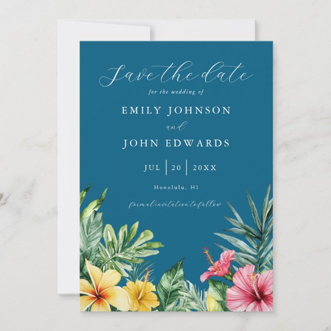 Blue Watercolor Tropical Blume Hochzeiten Save The Date (Vorderseite)