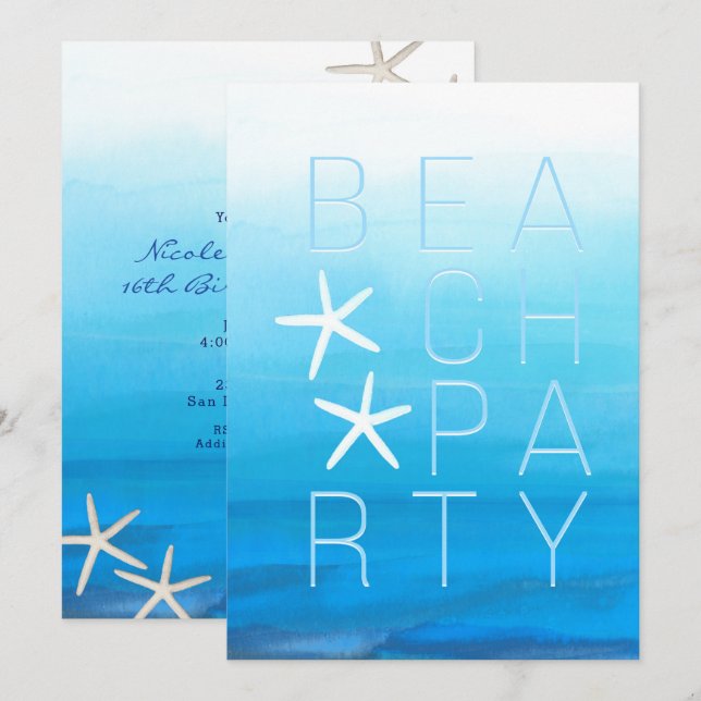 Blue Watercolor Tropical Modern Beach Party Einladung (Vorne/Hinten)