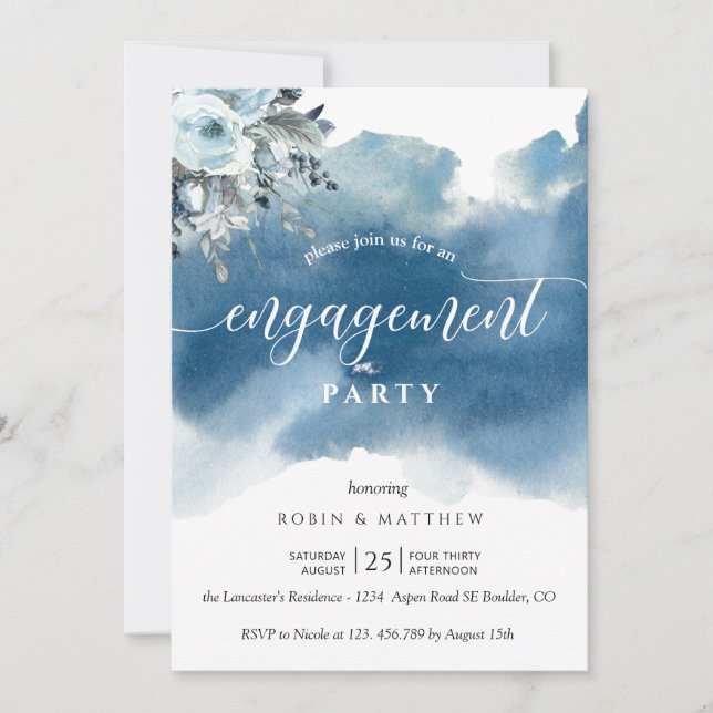 Blue Watercolor und Blue Floral Engagement Party Einladung (Vorderseite)
