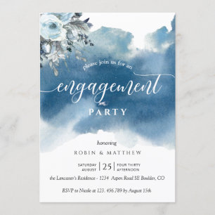 Blue Watercolor und Blue Floral Engagement Party Einladung