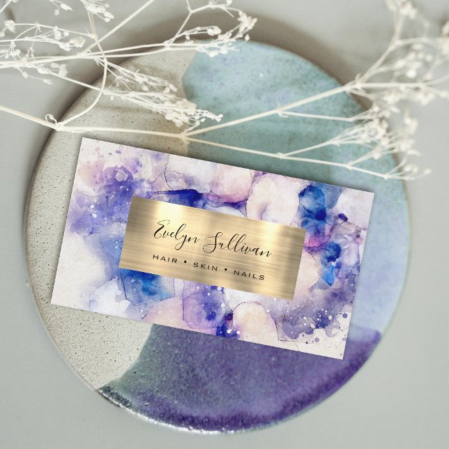Blue Watercolor und Gold Foil Business Card Visitenkarte (Von Creator hochgeladen)