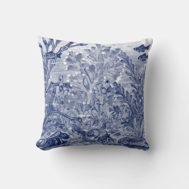 Blue Watercolor Under Sea Beach House Crab Kissen (Vorderseite)