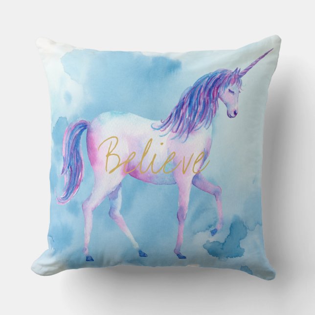 Blue Watercolor Unicorn glauben Kissen (Vorderseite)