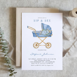 Blue Watercolor Vintag Stroller Baby Sip und See Einladung
