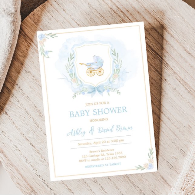 Blue Watercolor Wappen Baby Dusche Einladung (Blue Gold Carriage Crest Baby Shower Invitation)