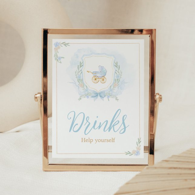Blue Watercolor Wappen Baby Dusche Getränke Poster (Blue Gold Carriage Crest Baby Shower Drinks Sign)