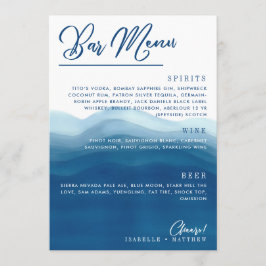 Blue Watercolor Wave Bar Wedding Menu Menükarte